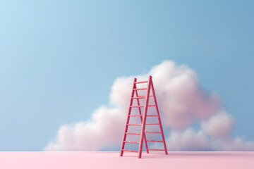 Red ladder standing in the middle of pink field with blue sky in the background.