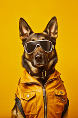 Dog wearing leather jacket with sunglasses on it's head and wearing leather jacket.