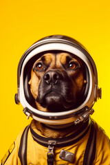 Close up of dog wearing space suit with helmet on.