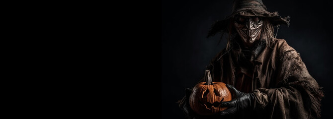 Halloween scarecrow witch with a skeleton on a black background with copyspace, Halloween background for marketing and web banners with space for text,