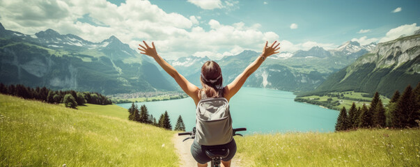 Happy woman with open arms on bike high in mountains. - obrazy, fototapety, plakaty