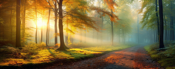 two lovers in autumn color forest. Autumn nature wide or panorama photo