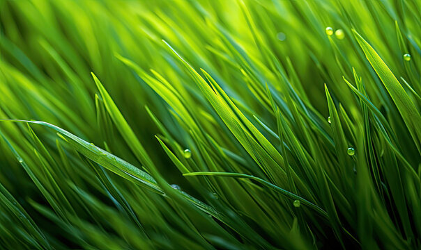 Fresh lush green grass on meadow with drops of water dew. Close-up macro. Generative AI tools