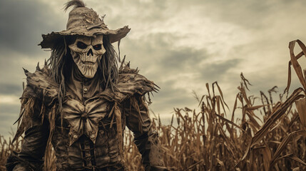 Fototapeta premium Photo of A sinister scarecrow stands guard in a cornfield, keeping an eye out for unsuspecting visitors, halloween