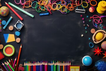 School supplies on black board background. Back to school concept. Generative AI