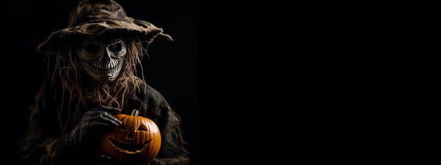 Halloween scarecrow witch with a skeleton on a black background with copyspace, Halloween background for marketing and web banners with space for text,