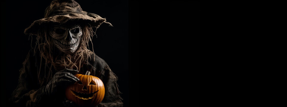 Halloween scarecrow witch with a skeleton on a black background with copyspace, Halloween background for marketing and web banners with space for text,