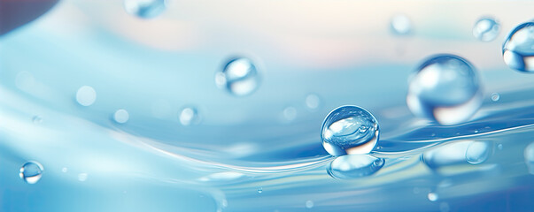 Water drops or oil bubbles on blue background. Droplets panorama picture.