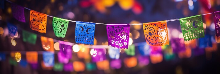 Papel picado hanging on rope, scene at night party. Made with Generative AI.