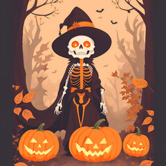Fototapeta na wymiar Illustration of cute cartoon halloween, Cute skeleton, skull with pumpkins in autumn. Cute cartoon skull, Ghost halloween.
