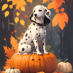 Beautiful Dalmatian sitting on some pumpkins.  Dog in a witch costume, pumpkin in paw. Postcard for pet lovers. Pet character postcard art. Funny dog mascot. Witch spooky card.