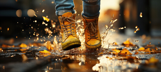 Feet of child in yellow rubber boots jumping over puddle in rain, photography, photorealistic - obrazy, fototapety, plakaty