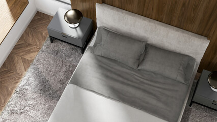 Bedroom with white walls, wooden floor, wooden headboard Lamp on gray bedside table Gray blanket Bed on carpet interior design as a guideline for design. 3Drender
