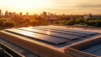 Solar panels on the roof in the city, Clean energy concept of solar energy at sunset. Generative Ai