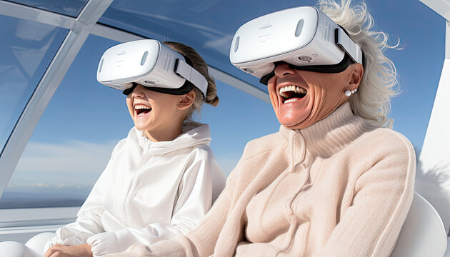 a grandpa and grandson wearing both a Vr glasses in bright white living room,sitting on a coutch,front view,enjoying a futuristic Vr game, copy space