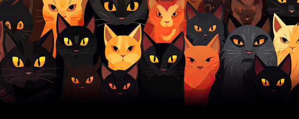 Cats close up pattern in black and orange colors.
