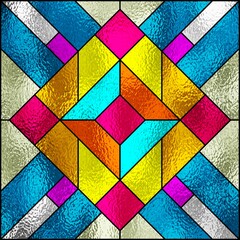 Stained glass window. Geometric colorful stained-glass background. Art Deco abstract modern pattern. Luxury modern interior. Transparency. Multicolor template for design interior.