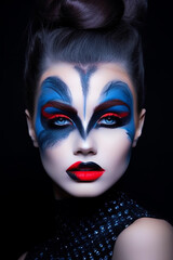 Woman with blue and red makeup and black and white make - up.