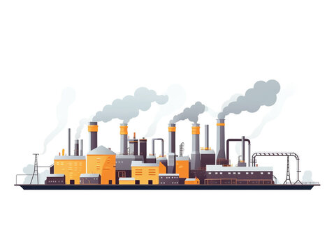 2d graphic image of factories in operation and releasing residual smoke in the chimney. These large-scale factories can pollute the environment if not properly supervised.
