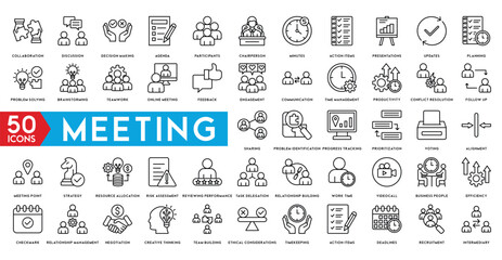 Meeting icon set. Included icons line as meeting room, team, teamwork, presentation, idea, brainstorm and more.