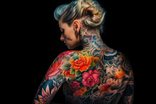 Woman with tattoo on her back and flower on her shoulder.