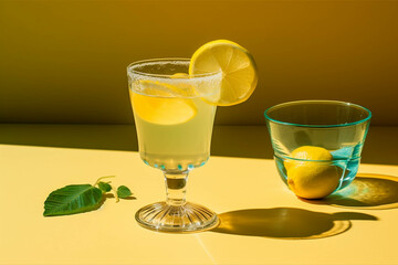 Fototapeta premium Limoncello cocktail, refreshing lemon summer drink cocktail, sun light.