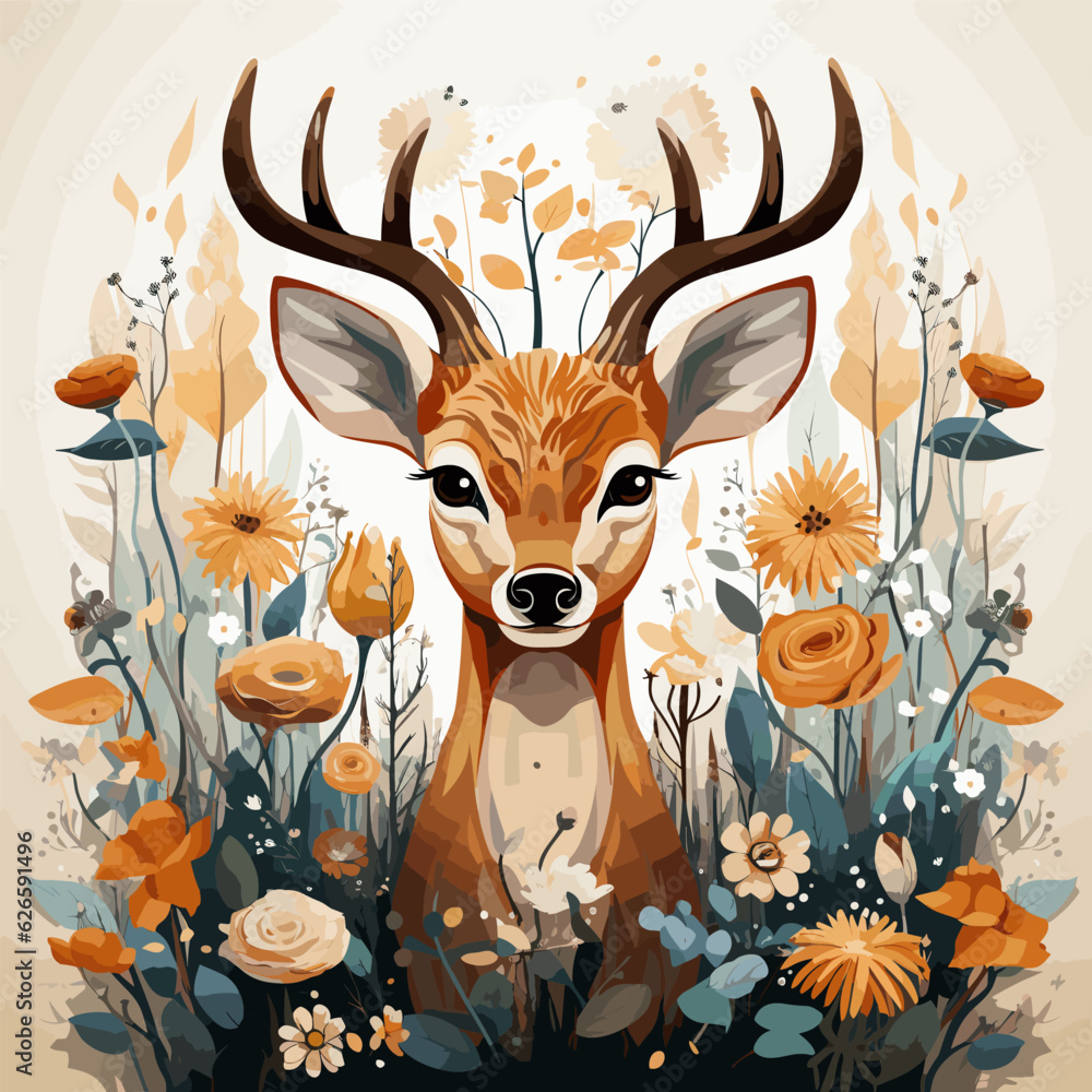 Poster Deer with antlers and flowers on beige background with floral border.