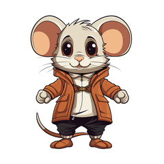 Cartoon mouse in brown jacket and black pants with white background.
