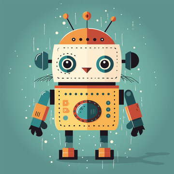 Little robot with big eyes is standing in the rain with his hands in his pockets.