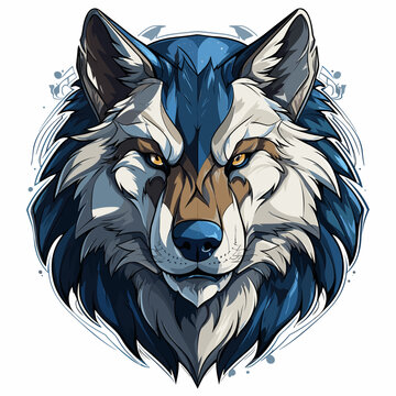 Wolf's head with blue eyes and brown nose on white background.
