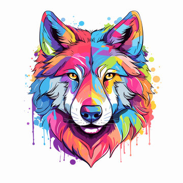 recommend clip art: Colorful wolf's face on white background with paint splatters.
