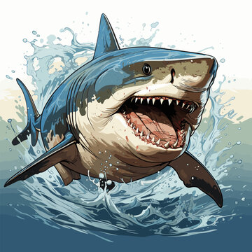 Drawing of great white shark with its mouth open in the water.