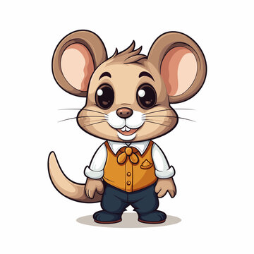 Cartoon mouse wearing orange vest and bow tie, standing in front of white background.