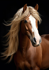 Brown headed horse portriat. Beautiful white brown horse