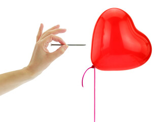 Couple Βreaking up, separation concept. Red heart shape balloon pop isolated on transparent, PNG. 
