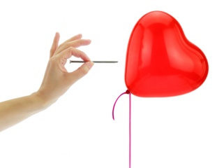 Couple Βreaking up, separation concept. Red heart shape balloon pop isolated on transparent, PNG. 