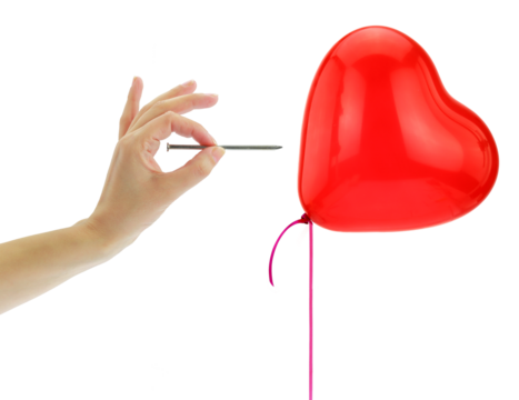Couple Βreaking up, separation concept. Red heart shape balloon pop isolated on transparent, PNG. 