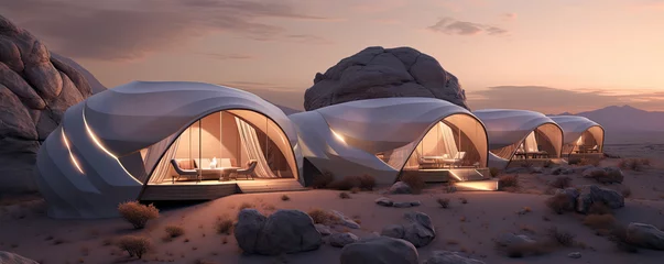 Foto op Canvas Glamping houses in desert landscape. Futuristic glamping in rocky mountains. © amazingfotommm