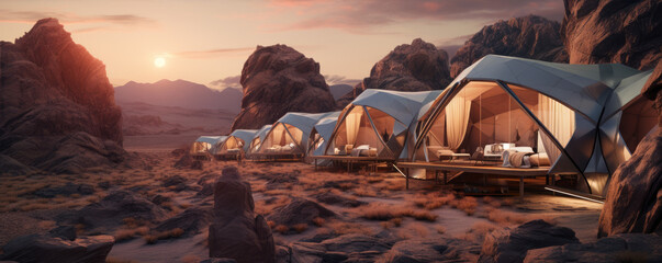 Glamping houses in desert landscape. Futuristic glamping in rocky mountains. - obrazy, fototapety, plakaty