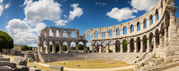 Historical amphitheater stones round building. panorama photo - obrazy, fototapety, plakaty