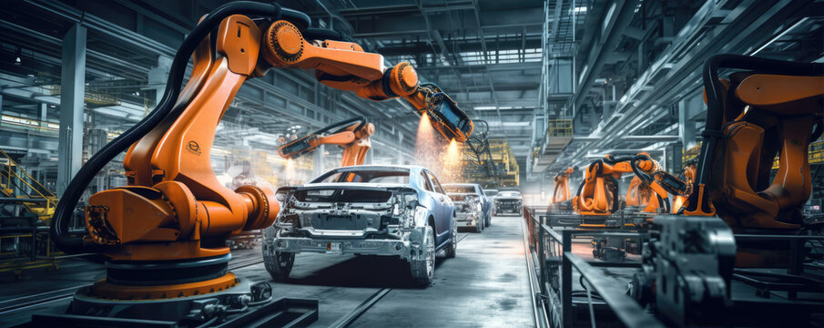 Industrial skill efficiency robotic Arms in factory. Robotics and digital manufacturing operation process.