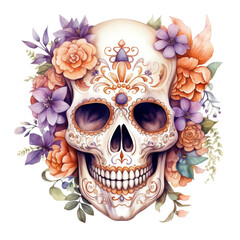 Sugar Skull Watercolor Clipart, Day of the Dead Skull Illustration, Dia de los Muertos Clipart, Halloween decoration, made with generative AI