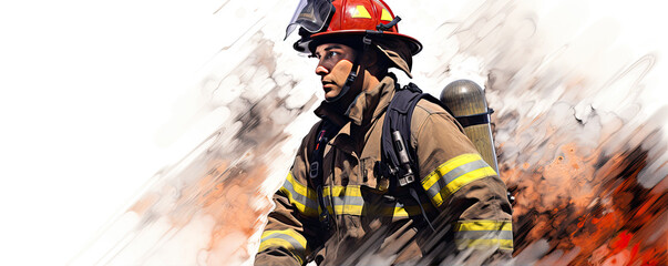 Fototapeta premium portrait of fireman on white background. wide banner