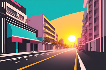 Miami street colorful hues highly detailed flat design. City skyscrapers, urban background.