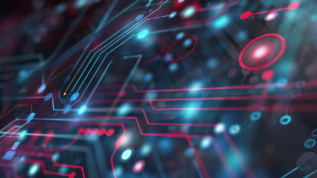 A striking animation that takes us on a macro journey across a two-dimensional plane of electric circuits, detailed with lines and dots. The camera approaches diagonally, providing a shallow depth of 