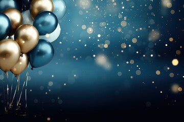 Bunch of golden and blue balloons on dark blue bokeh background with copy space