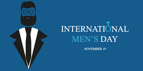 International Men's Day banner. Style holiday concept for card, posters, banners. Card with a silhouette of a man in suit with a tie, beard, glasses. Vector illustration.