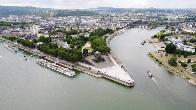 Aerial view of the Deutsches Eck promontory in Koblenz, Germany.