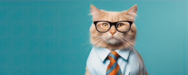 Cute cat in suit with sunglasses is on a black background. - obrazy, fototapety, plakaty