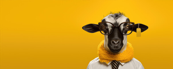 Funny sheep with cool glasses with colored tie.  On blue color full vivid background.